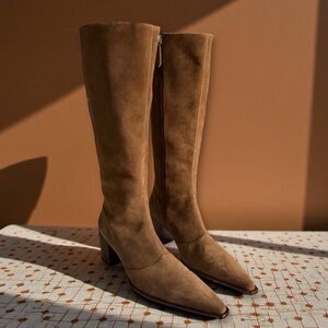 Schutz Raffaela Up Mid Heeled Knee High Boots Heavy Suede Pecan Brown